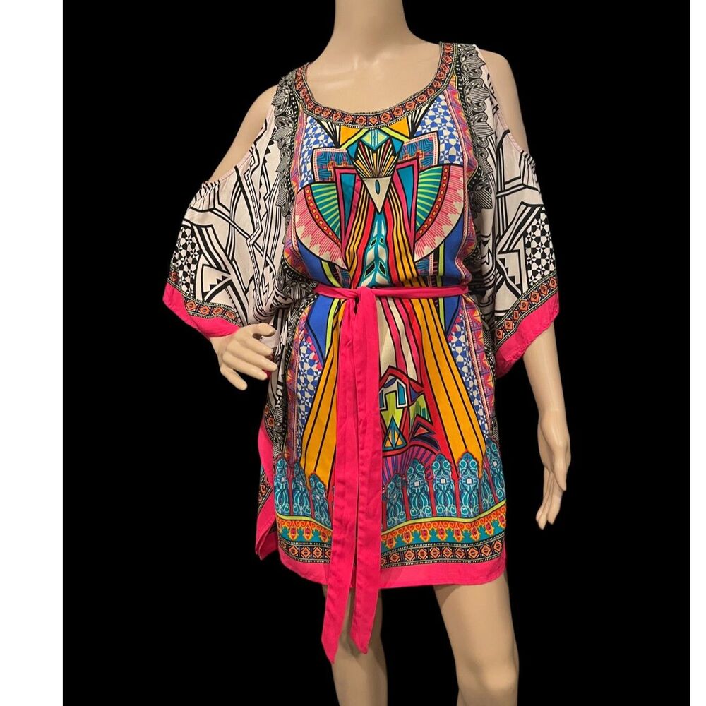 FLYING TOMATO Rayon Mock Poncho BOHO Multicolor Geometric Tunic Blouse Sz L